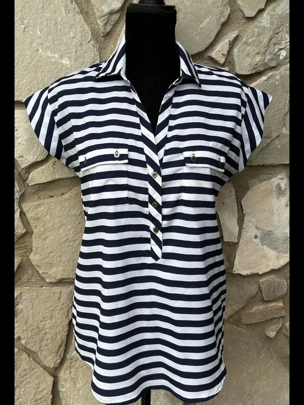NEW YORK & CO. 4th Of July Top Medium Navy Blue White Stripe  Patriotic EC - Picture 2 of 2